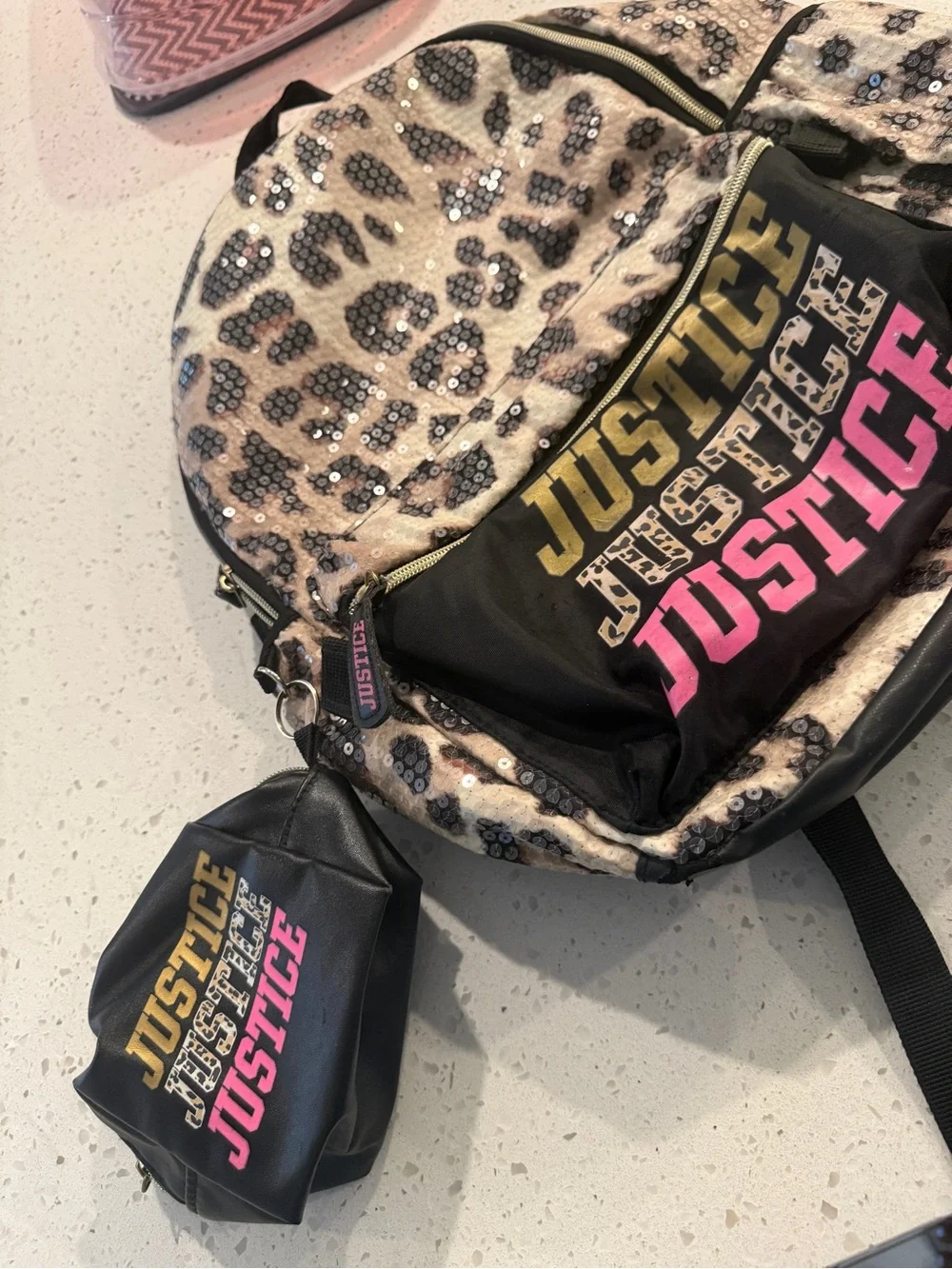 Justice Leopard Sequin Backpack with Pink & Gold Logo